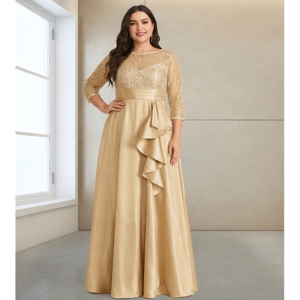 NWT $220 LAVETIR [ 18W ] A-Line Satin 3/4 Sleeves Lace top Gown in GOLD 11010013